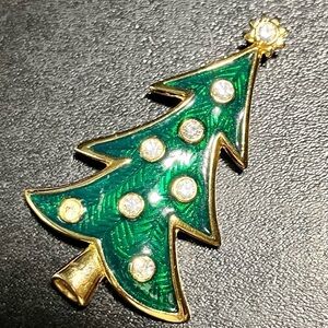 Lia Liana Christmas Tree Brooch Pin Green Gold Sparkly Crystals Snow Gift Winter